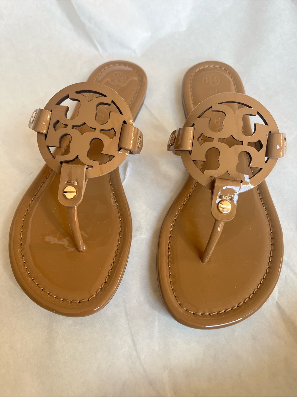 Tory Burch Miller Patent Leather Sandal 
Sand color Size 7